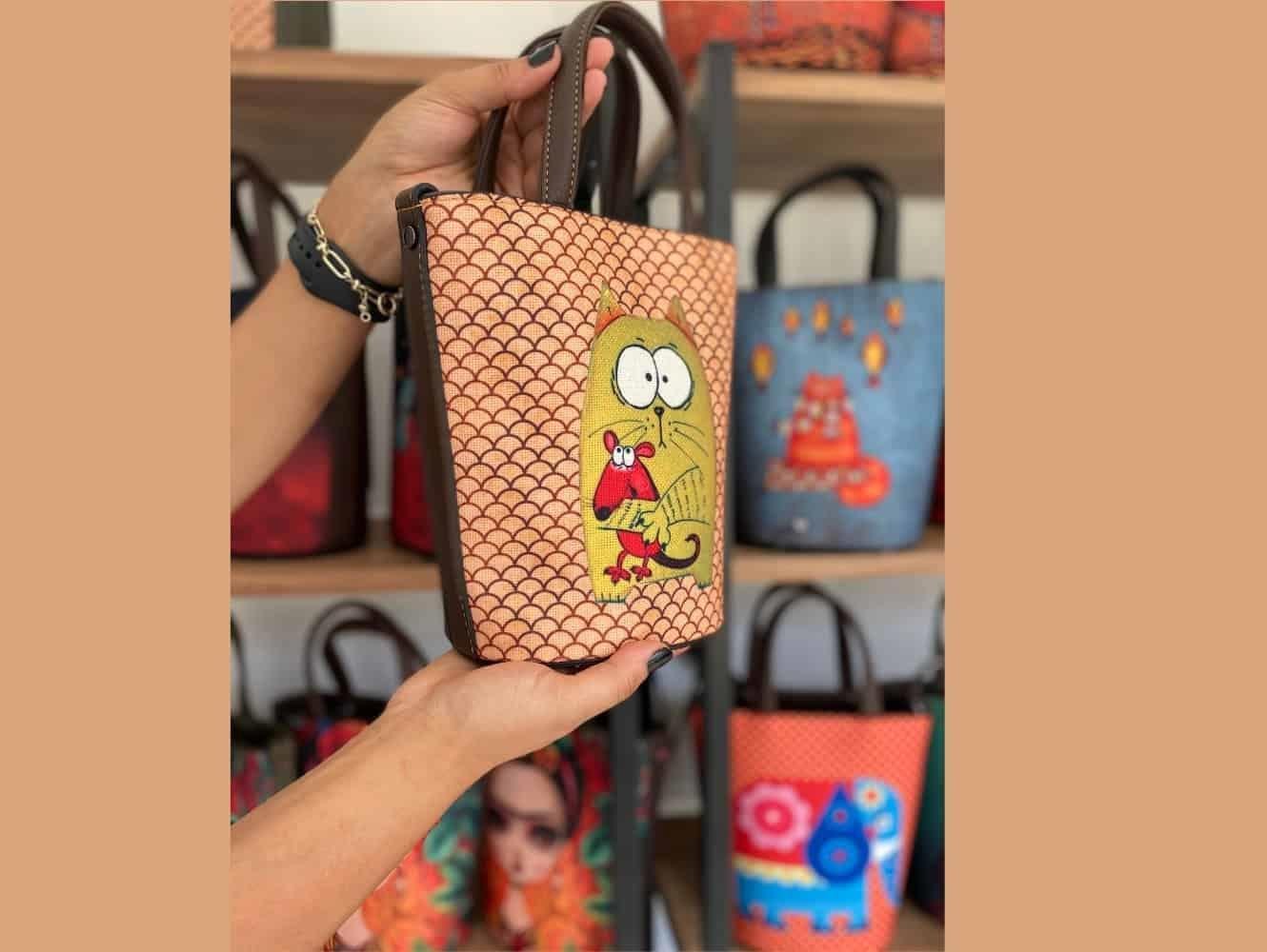 Kedi Fare Figürlü Kova Model Çanta Etnik Bohem Style - KAHVERENGİ