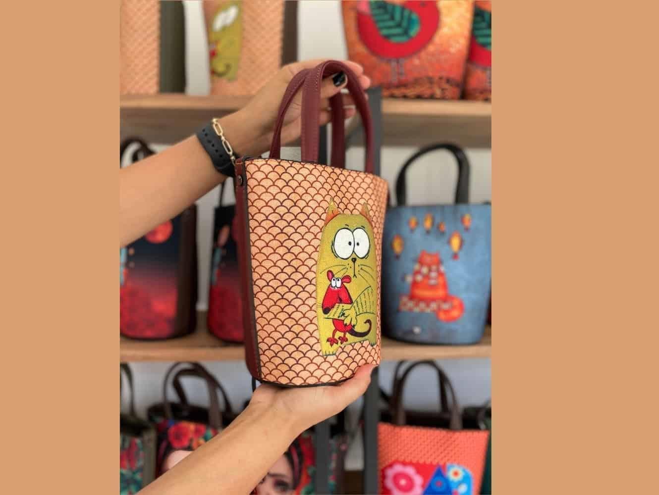 Kedi Fare Figürlü Kova Model Çanta Etnik Bohem Style - BORDO
