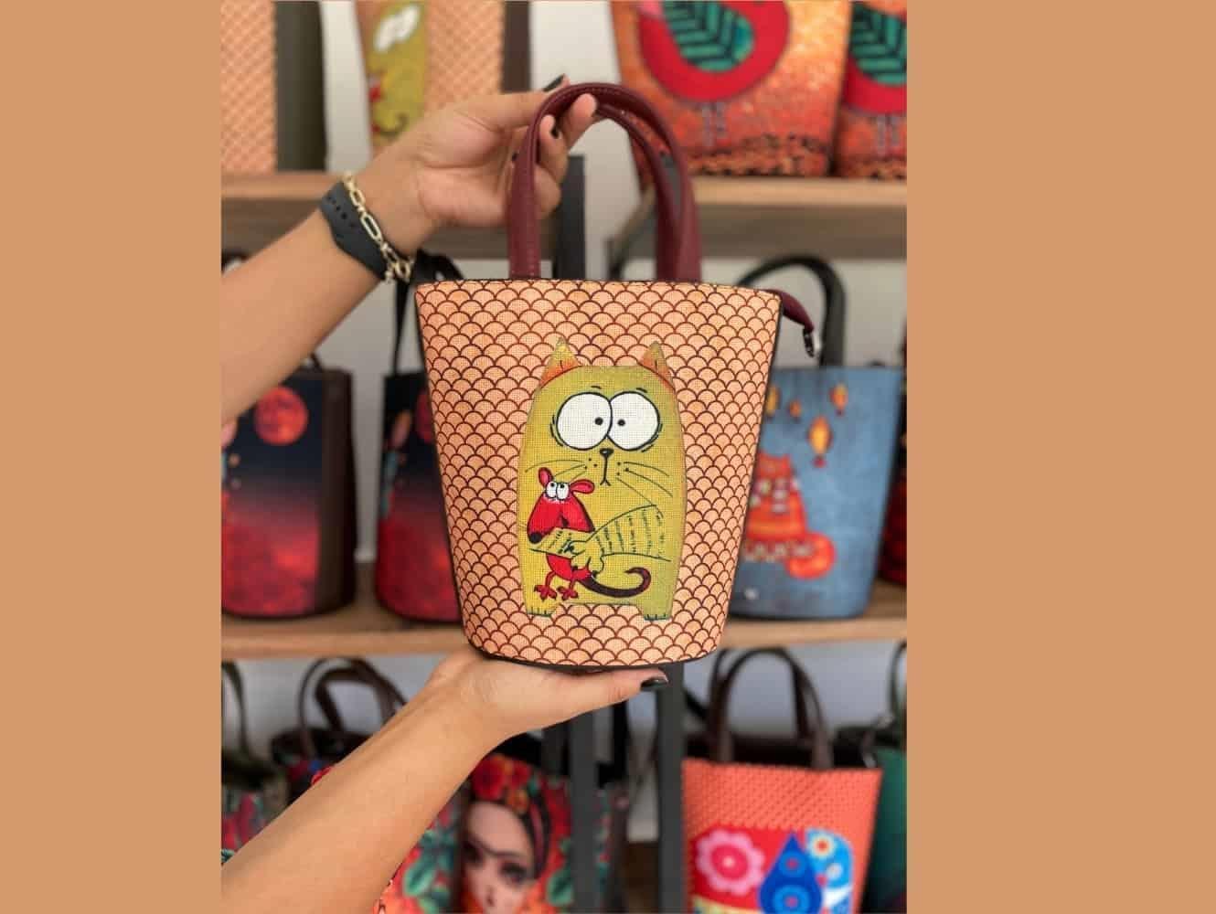 Kedi Fare Figürlü Kova Model Çanta Etnik Bohem Style - BORDO