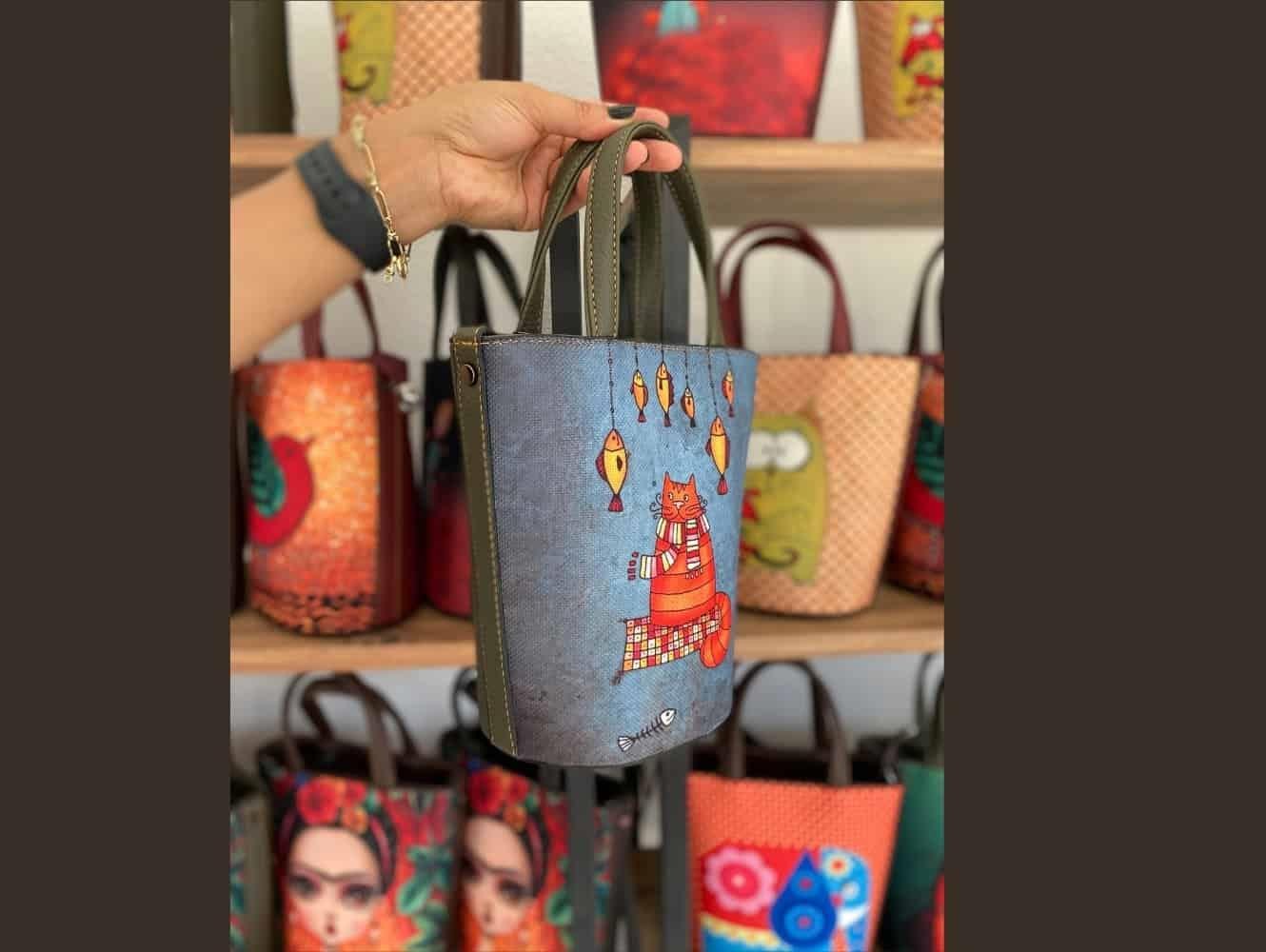 Kedi Balık  Figürlü Kova Model Çanta Etnik Bohem Style - YESİL