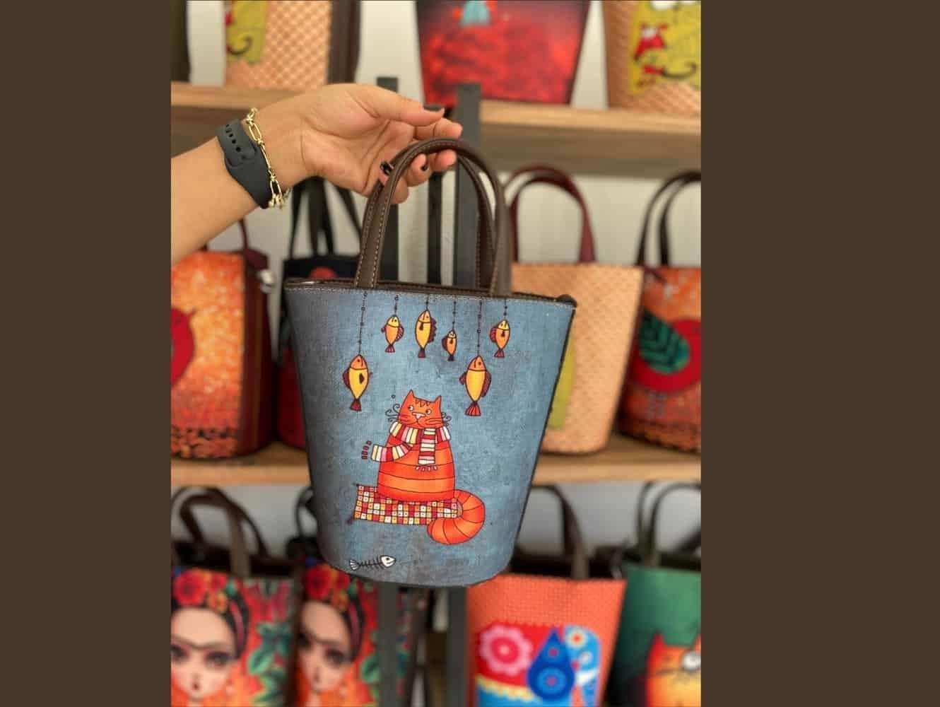 Kedi Balık  Figürlü Kova Model Çanta Etnik Bohem Style - KAHVERENGİ