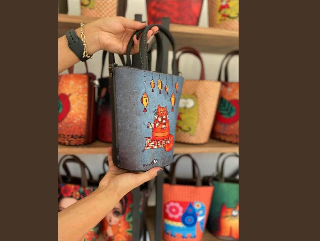 Kedi Balık  Figürlü Kova Model Çanta Etnik Bohem Style - SİYAH