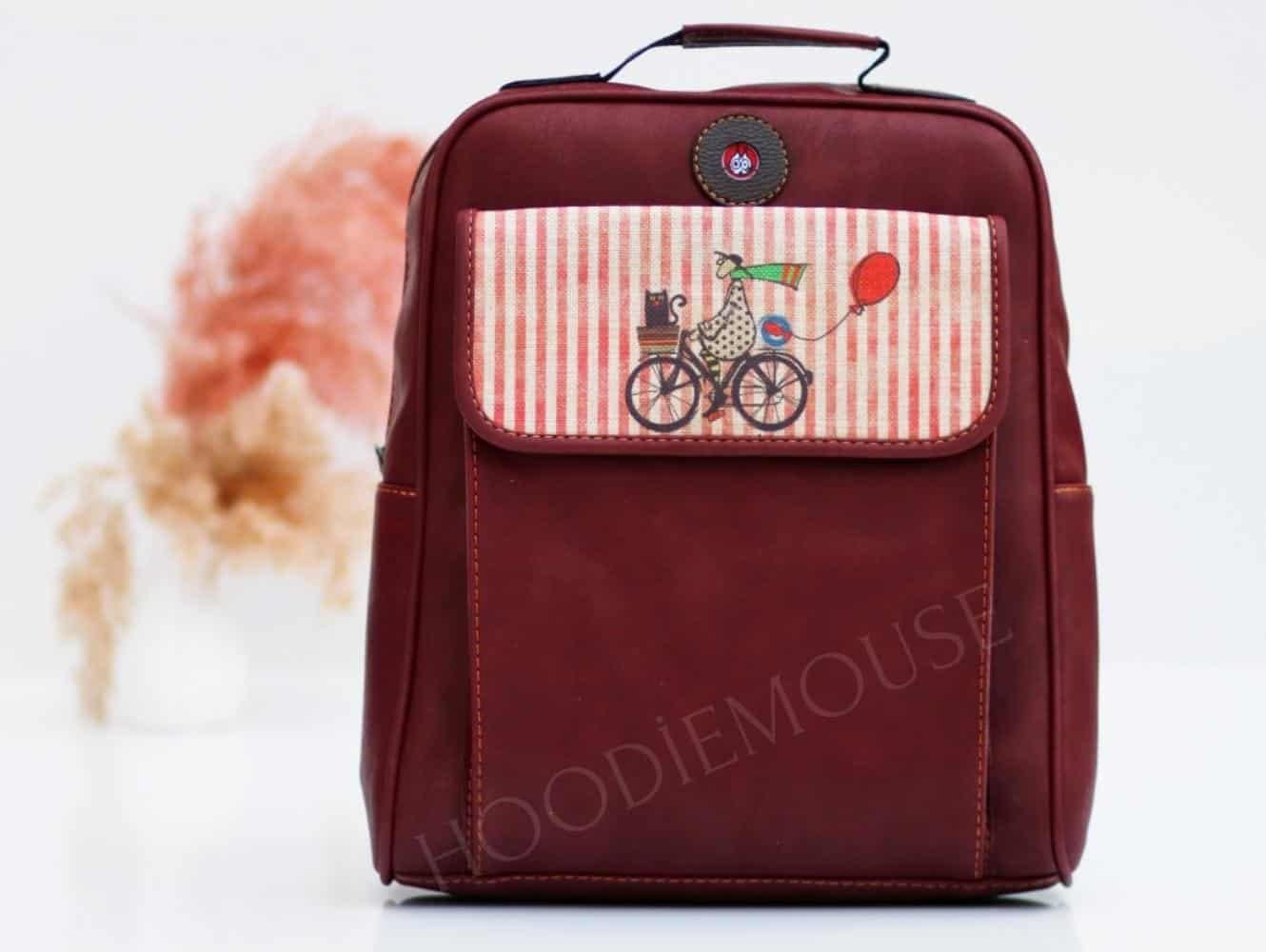 Bisiklet Figürlü Unisex Canta Hem Sırt Hem Capraz Hem Elde Etnik Bohem Style - BORDO