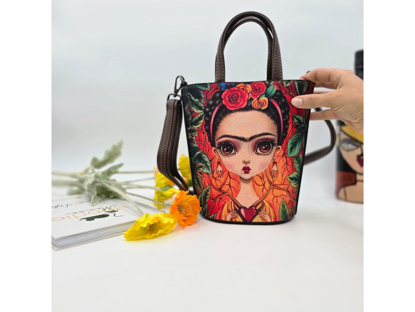 Frida Figürlü Kova Model Çanta Etnik Bohem Style - KAHVERENGİ