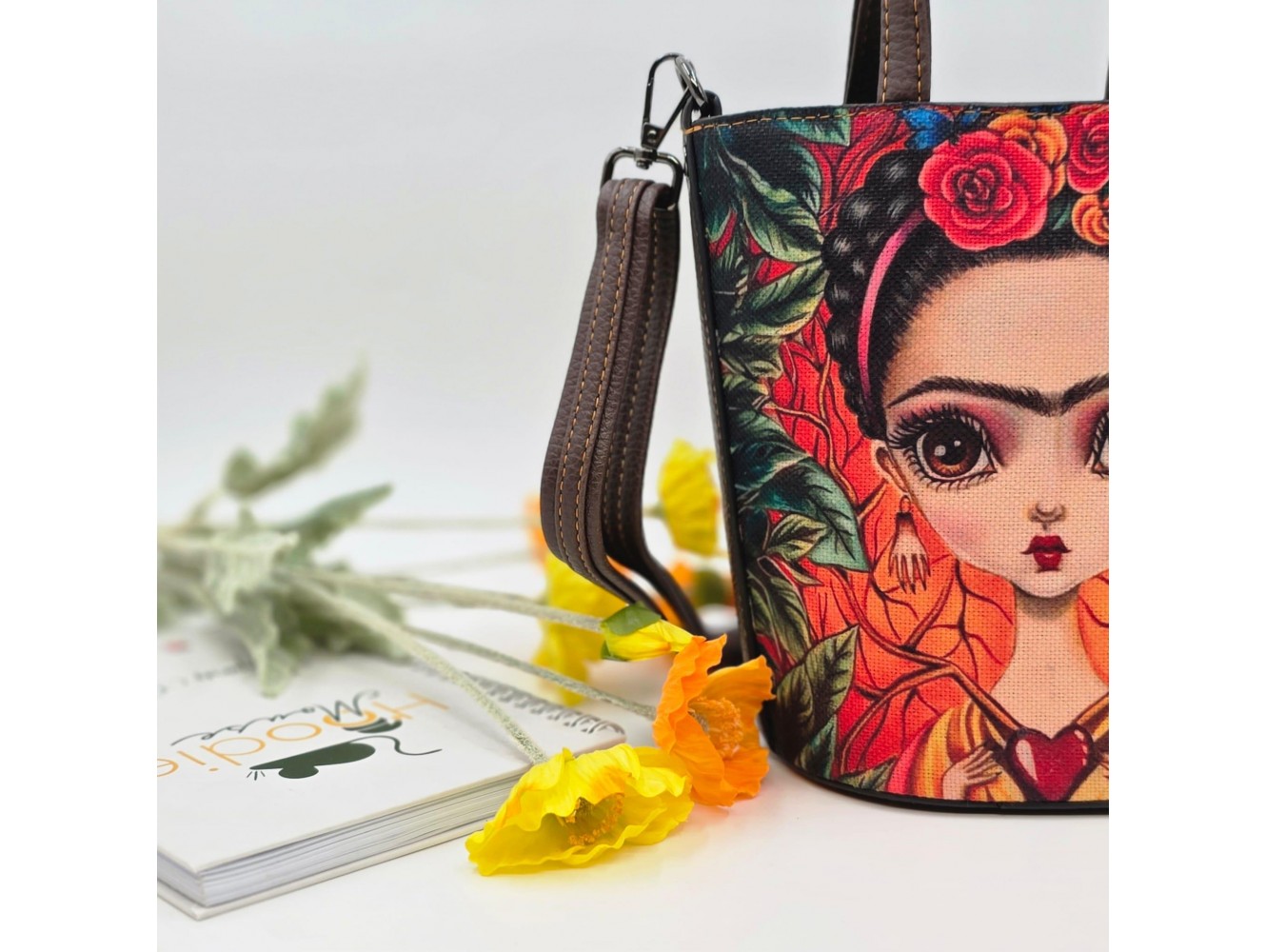 Frida Figürlü Kova Model Çanta Etnik Bohem Style - KAHVERENGİ
