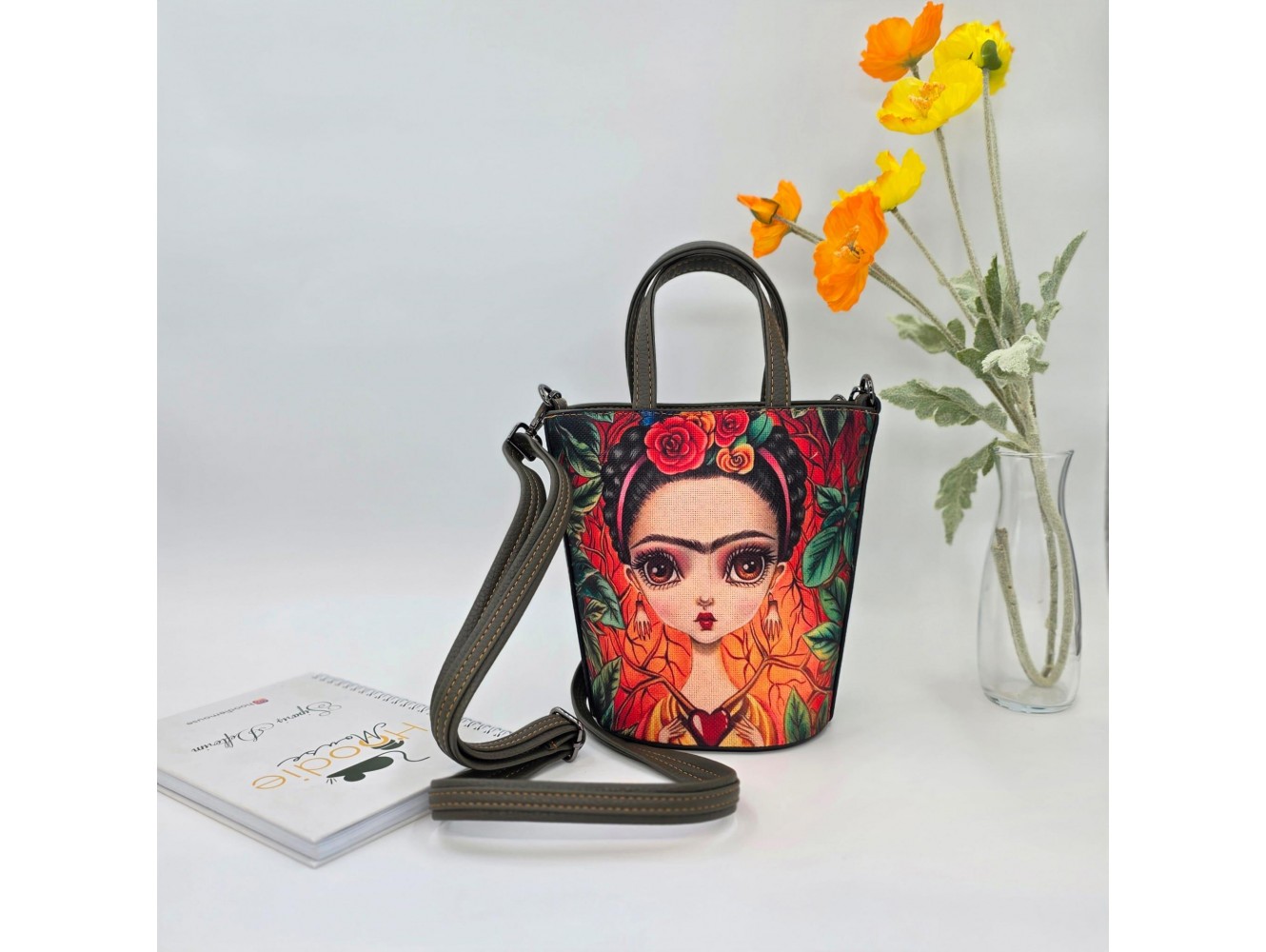 Frida Figürlü Kova Model Çanta Etnik Bohem Style - YESİL