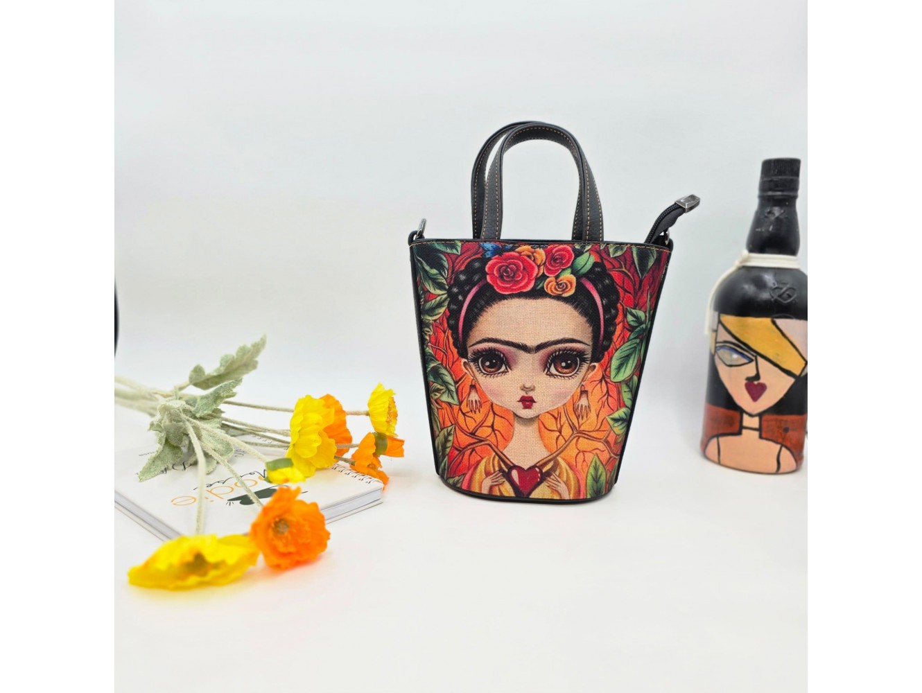 Frida Figürlü Kova Model Çanta Etnik Bohem Style - SİYAH
