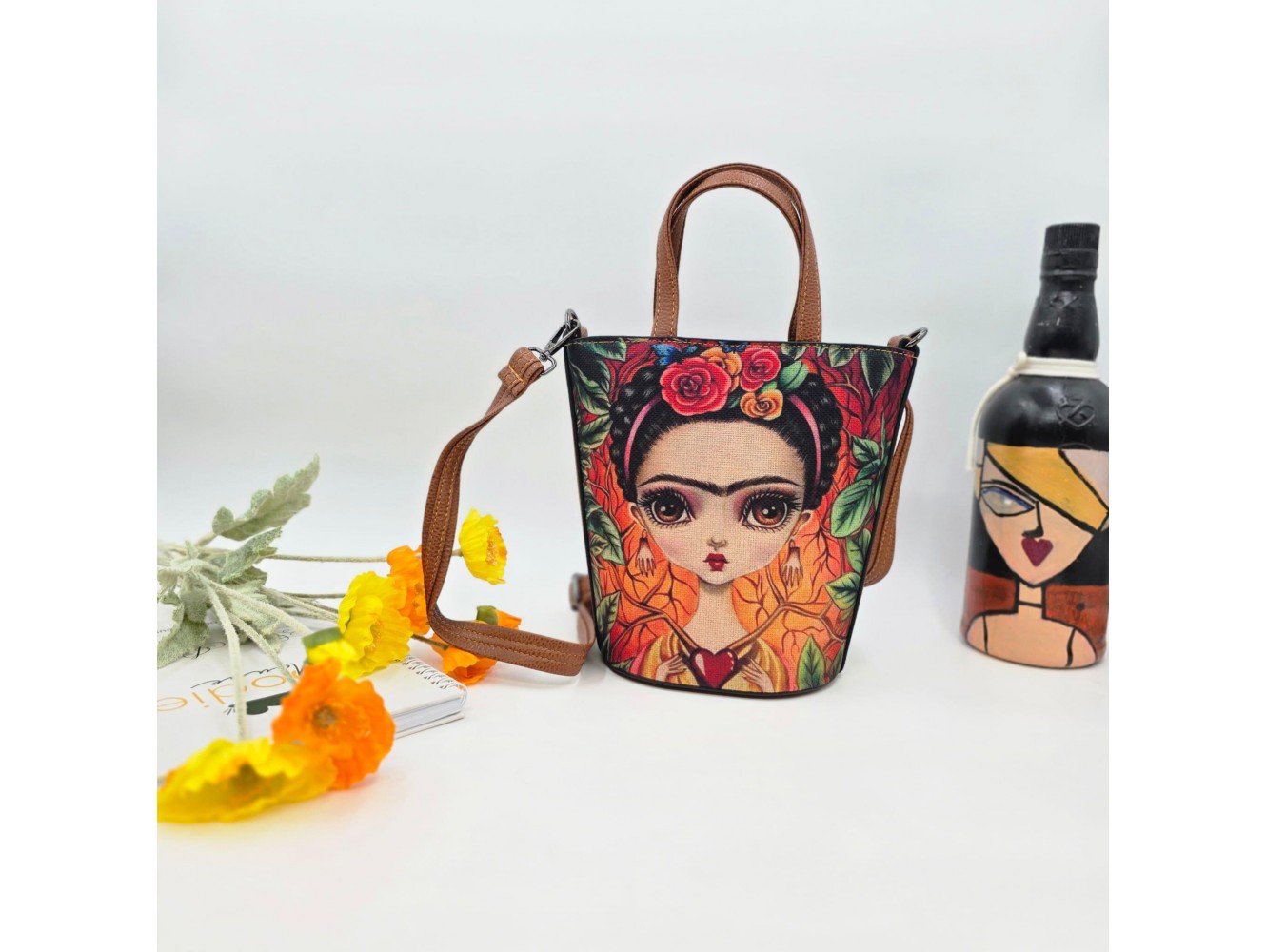 Frida Figürlü Kova Model Çanta Etnik Bohem Style - TABA