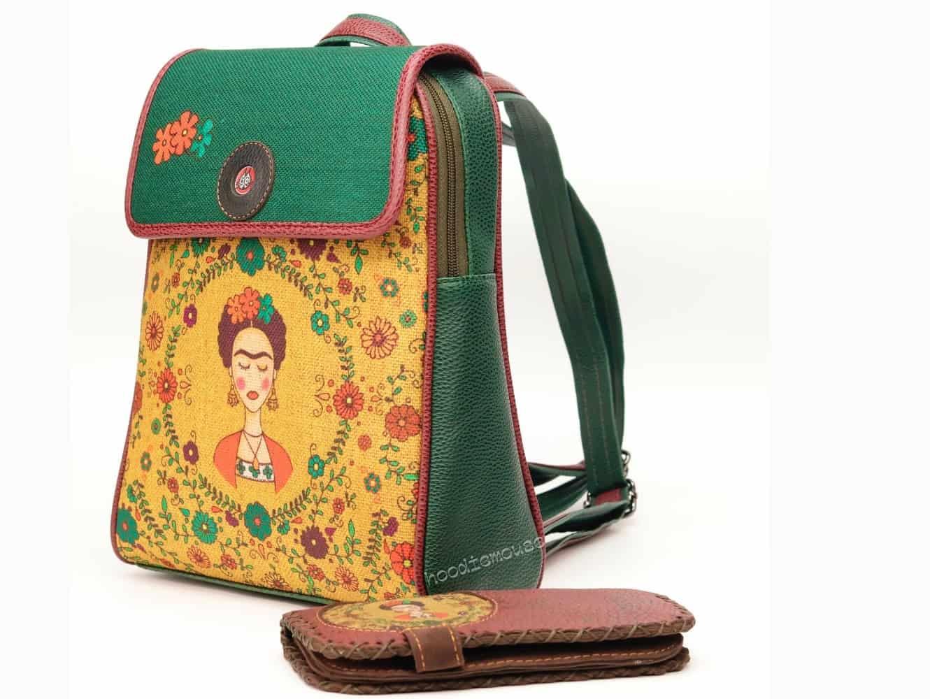 Klasik Frida Figürlü Kapaklı Sırt Çantası Yesil Büyük Cüzdan Bordo Etnik Bohem Style Cüzdan Kombin