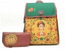 Klasik Frida Figürlü Kapaklı Sırt Çantası Yesil Büyük Cüzdan Bordo Etnik Bohem Style Cüzdan Kombin