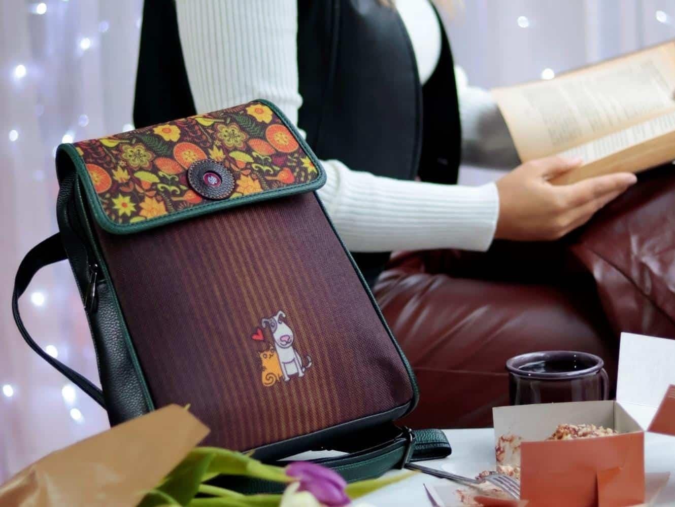 Kedi ve Köpek Figürlü Kapaklı Sırt Çantası Siyah Büyük Cüzdan Yesil Etnik Bohem Style Cüzdan Kombin