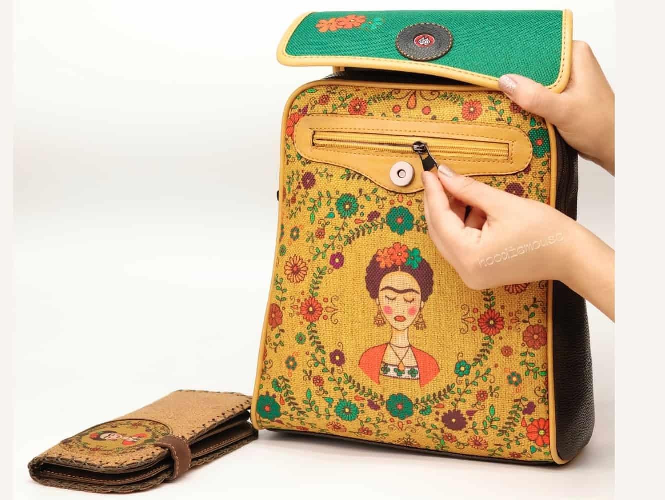 Klasik Frida Figürlü Kapaklı Sırt Çantası Kahverengi, Büyük Cüzdan Hardal Etnik Bohem Style Cüzdan Kombin