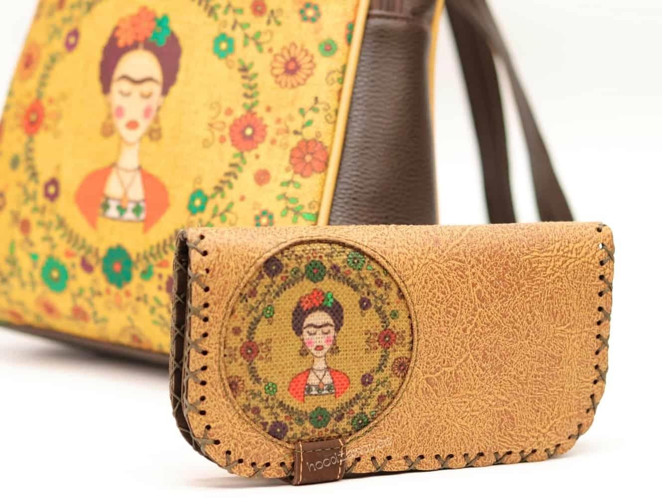 Klasik Frida Figürlü Kapaklı Sırt Çantası Kahverengi, Büyük Cüzdan Hardal Etnik Bohem Style Cüzdan Kombin