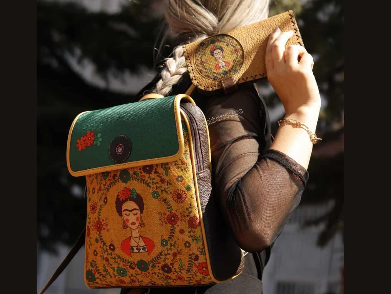 Klasik Frida Figürlü Kapaklı Sırt Çantası Kahverengi, Büyük Cüzdan Hardal Etnik Bohem Style Cüzdan Kombin