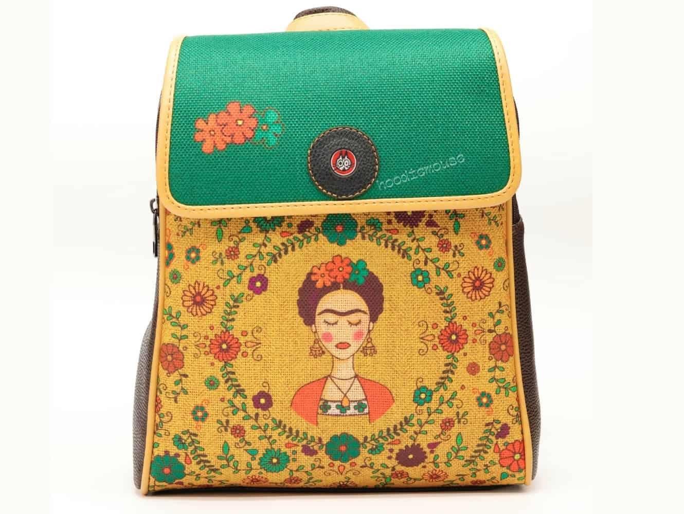 Klasik Frida Figürlü Kapaklı Sırt Çantası Kahverengi, Büyük Cüzdan Hardal Etnik Bohem Style Cüzdan Kombin