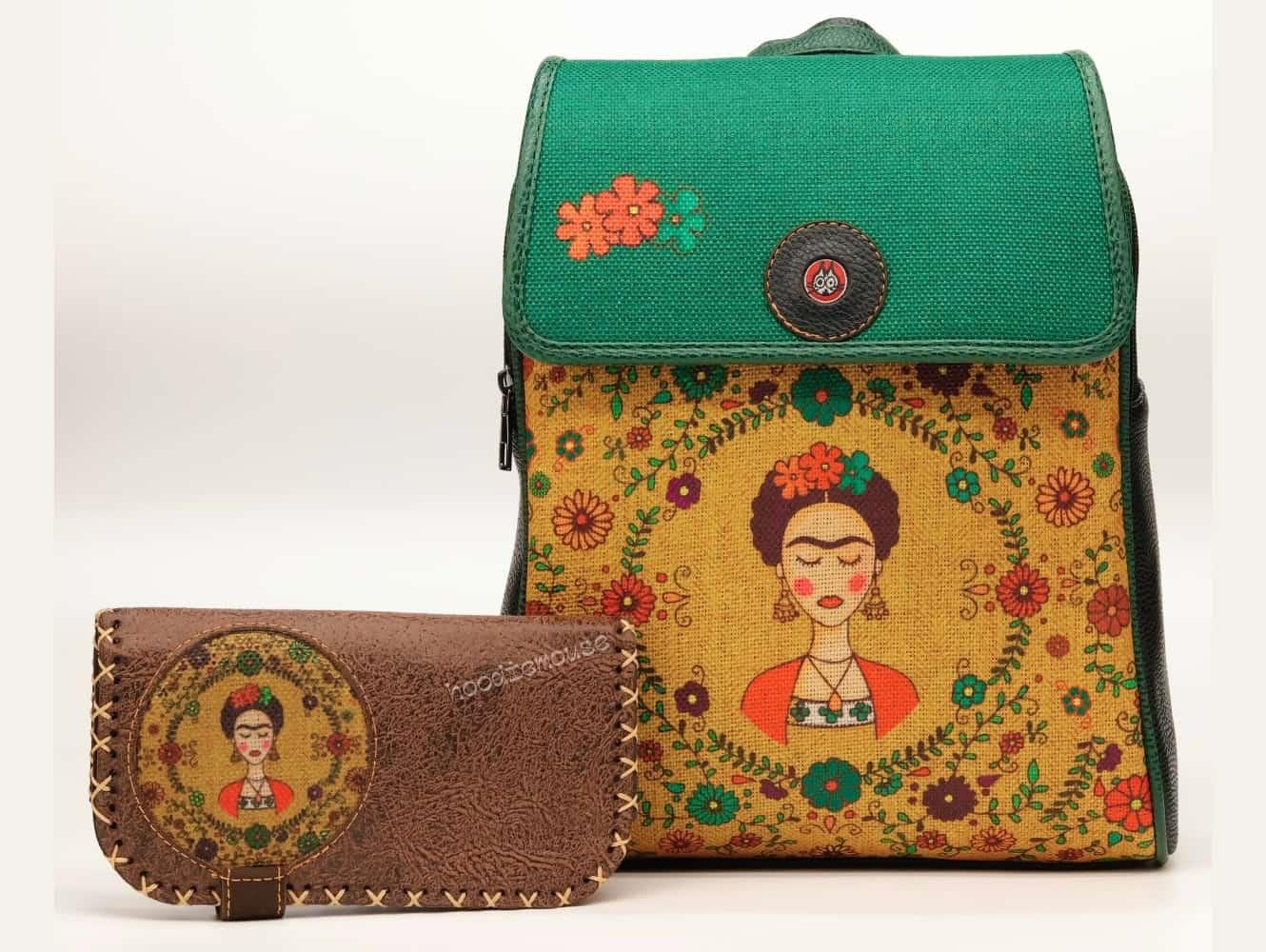 Klasik Frida Figürlü Kapaklı Sırt Çantası Siyah, Büyük Cüzdan Etnik Bohem Style Cüzdan Kahverengi Kombin