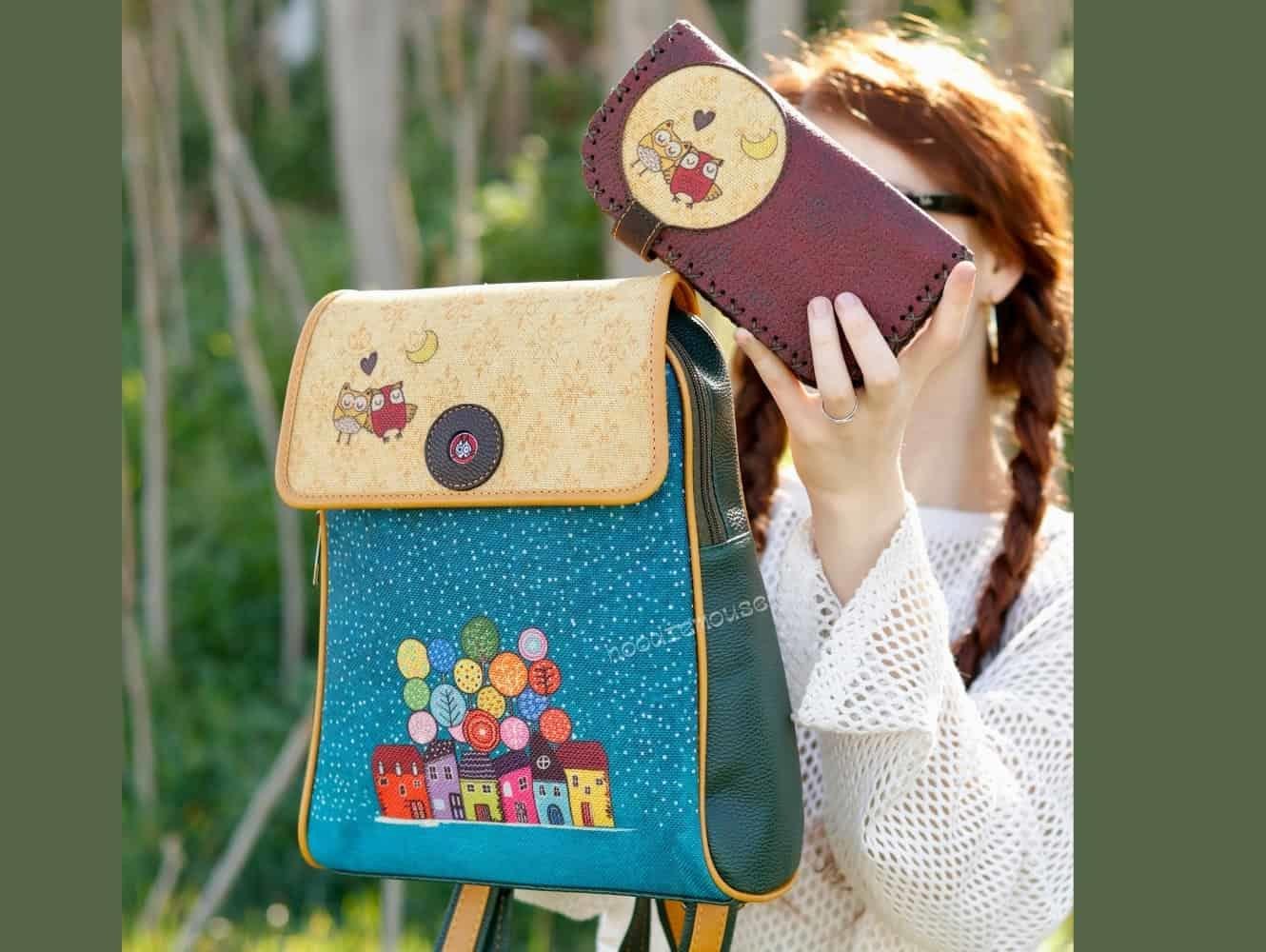 Baykuş Figürlü Kapaklı Sırt Çantası Yesil, Cüzdan Bordo Etnik Bohem Style Cüzdan Kombin