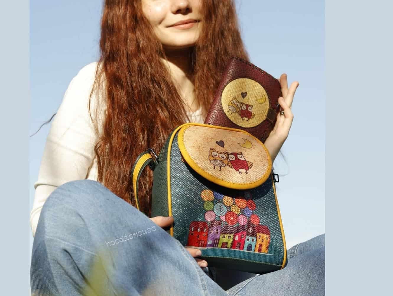 Baykuş Figürlü Küçük Postacı Çanta Yesil ve Küçük Cüzdan Bordo Kombin 