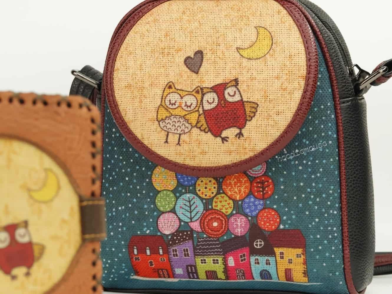 Baykuş Figürlü Küçük Postacı Çanta Siyah ve Küçük Cüzdan Taba Kombin
