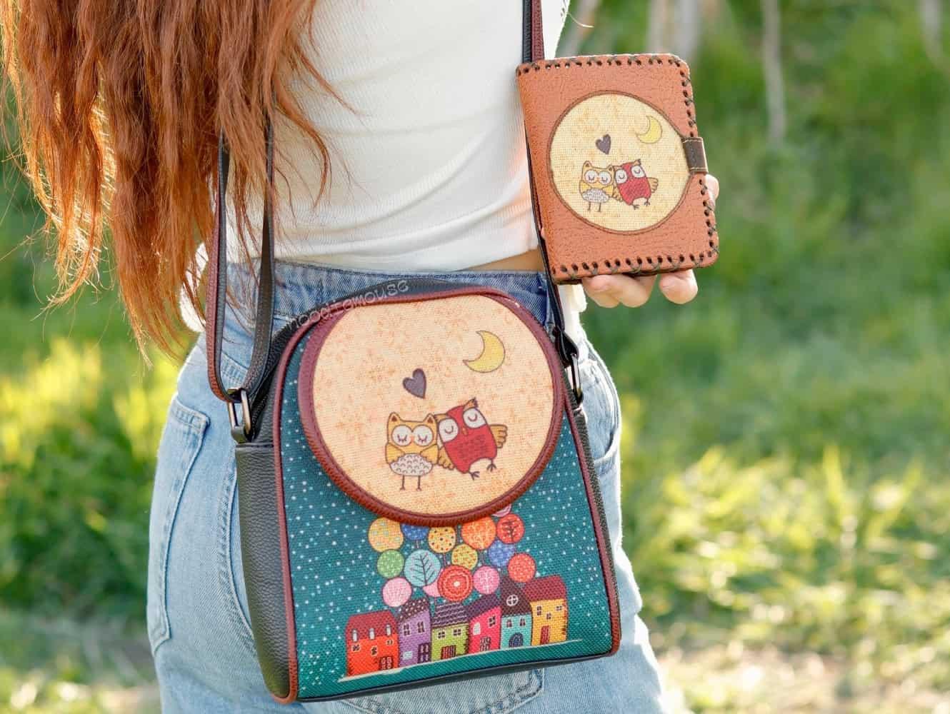 Baykuş Figürlü Küçük Postacı Çanta Siyah ve Küçük Cüzdan Taba Kombin