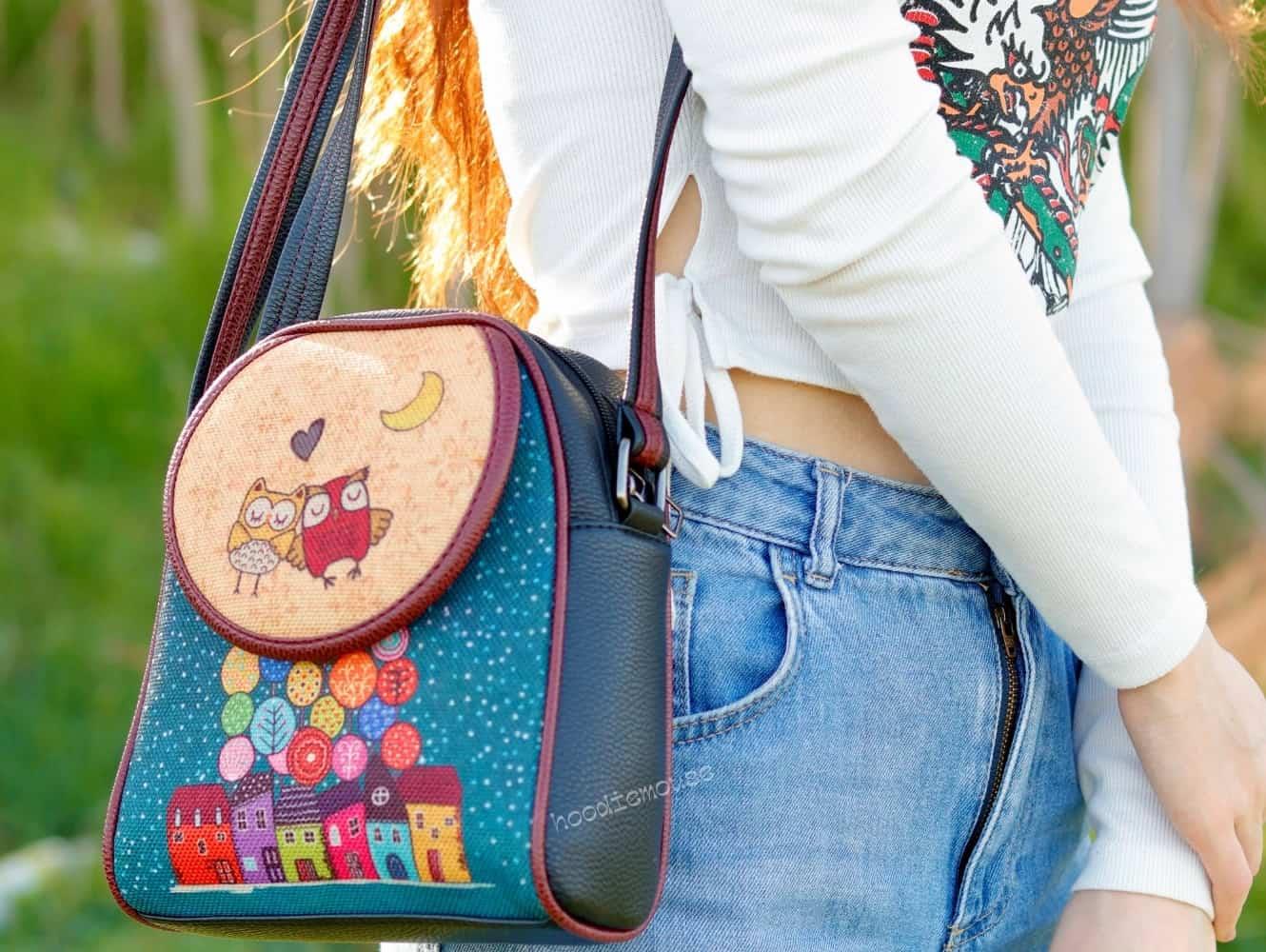 Baykuş Figürlü Küçük Postacı Omuz Çantası Etnik Bohem Style - Siyah