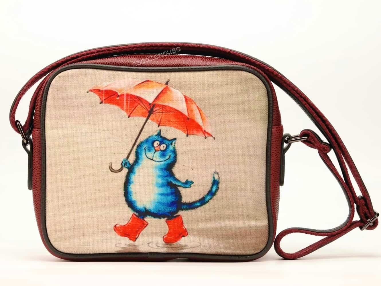 Şemsiye Tutan Kedi Tasarımlı Orta Boy Postacı Çanta / Bordo
