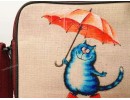 Şemsiye Tutan Kedi Tasarımlı Orta Boy Postacı Çanta / Bordo