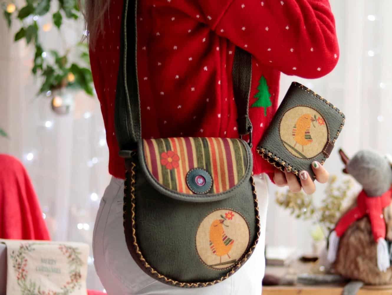 Kuş Figurlu Tasarımlı Capraz Örgulu Kol Cantası ve Cuzdan Kombin – Yesil