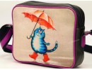 Şemsiye Tutan Kedi Tasarımlı Orta Boy Postacı Çanta / Siyah (Mor Fitilli)