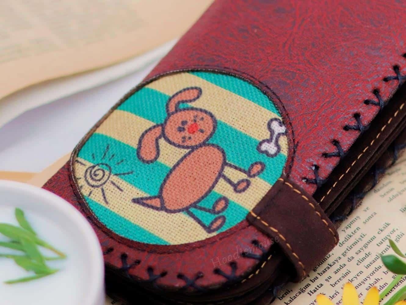 Köpek Figürlü Büyük Cüzdan Etnik Bohem Retro Vintage Style - BORDO