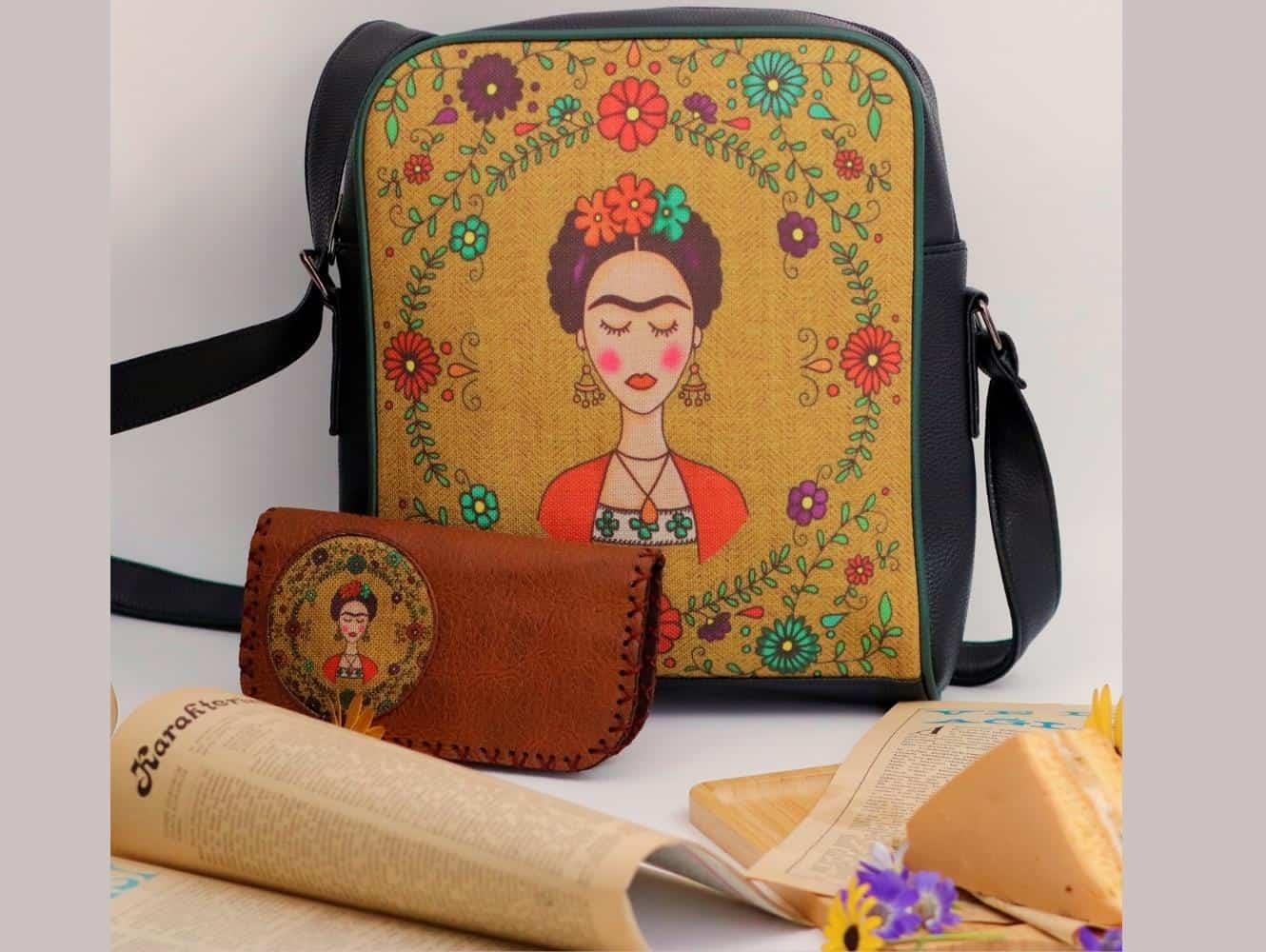 Frida Figürlü Büyük Postacı Kol Çantası Etnik Bohem Style Çanta Siyah Cüzdan Taba Kombin