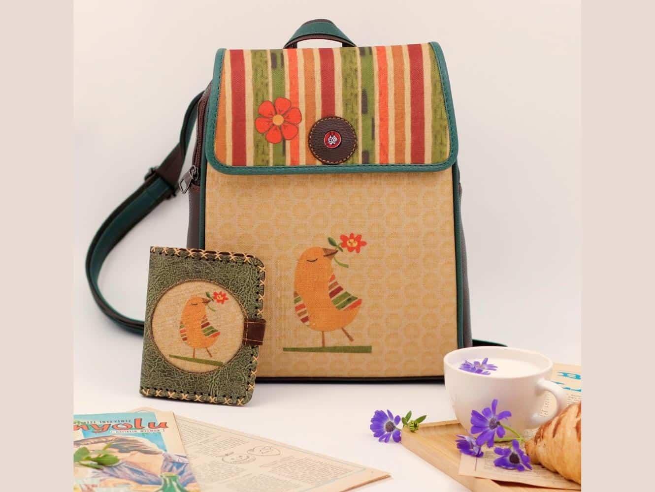 Kuş Figürlü Kapaklı Sırt Çantası Kahverengi, Cüzdan Yesil Etnik Bohem Style Kombin