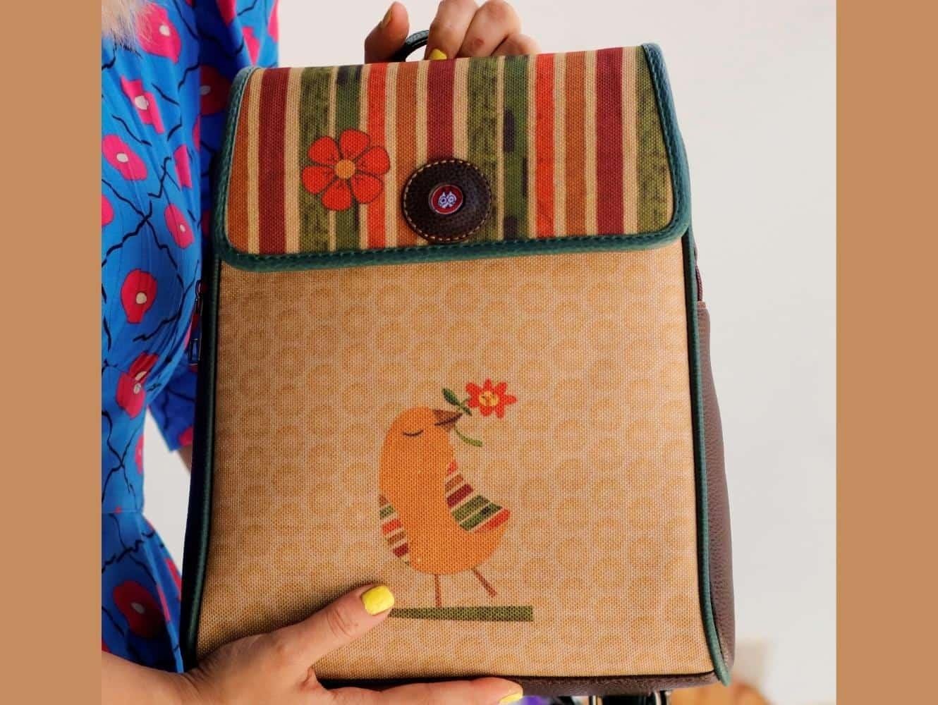 Kuş Figürlü Kapaklı Sırt Çantası Kahverengi, Cüzdan Taba Etnik Bohem Style Kombin