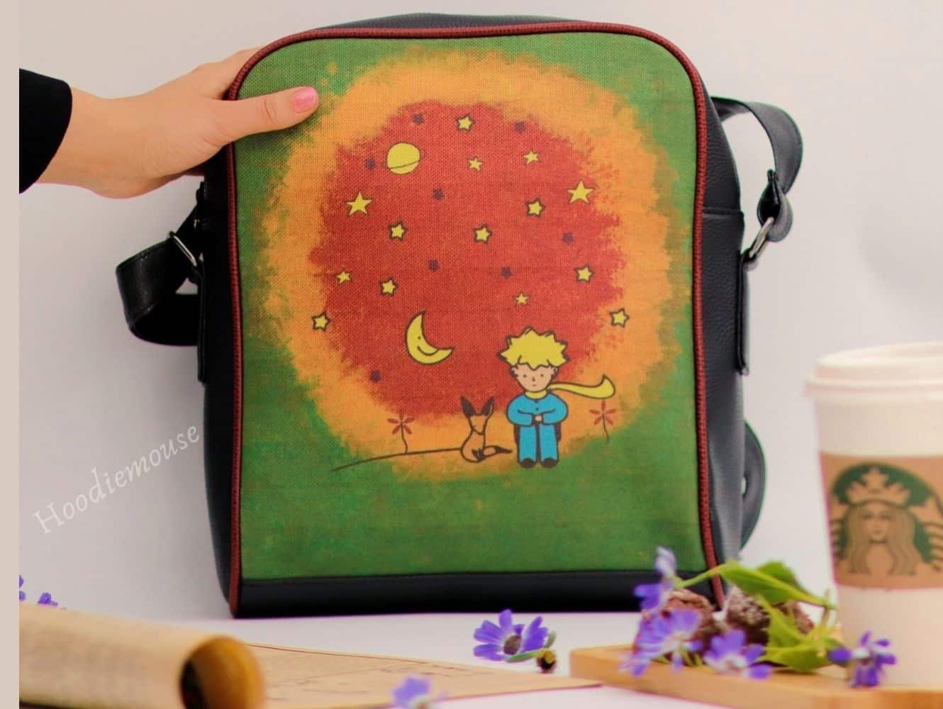 Küçük Prens Figürlü Büyük Postacı Kol Çantası Etnik Bohem Style Çanta Siyah, Cüzdan Bordo KOMBİN