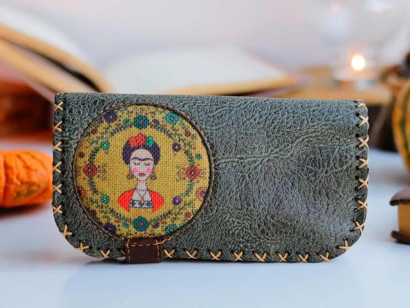 Frida Figürlü Büyük Cüzdan Etnik Bohem Retro Vintage Style - YESIL