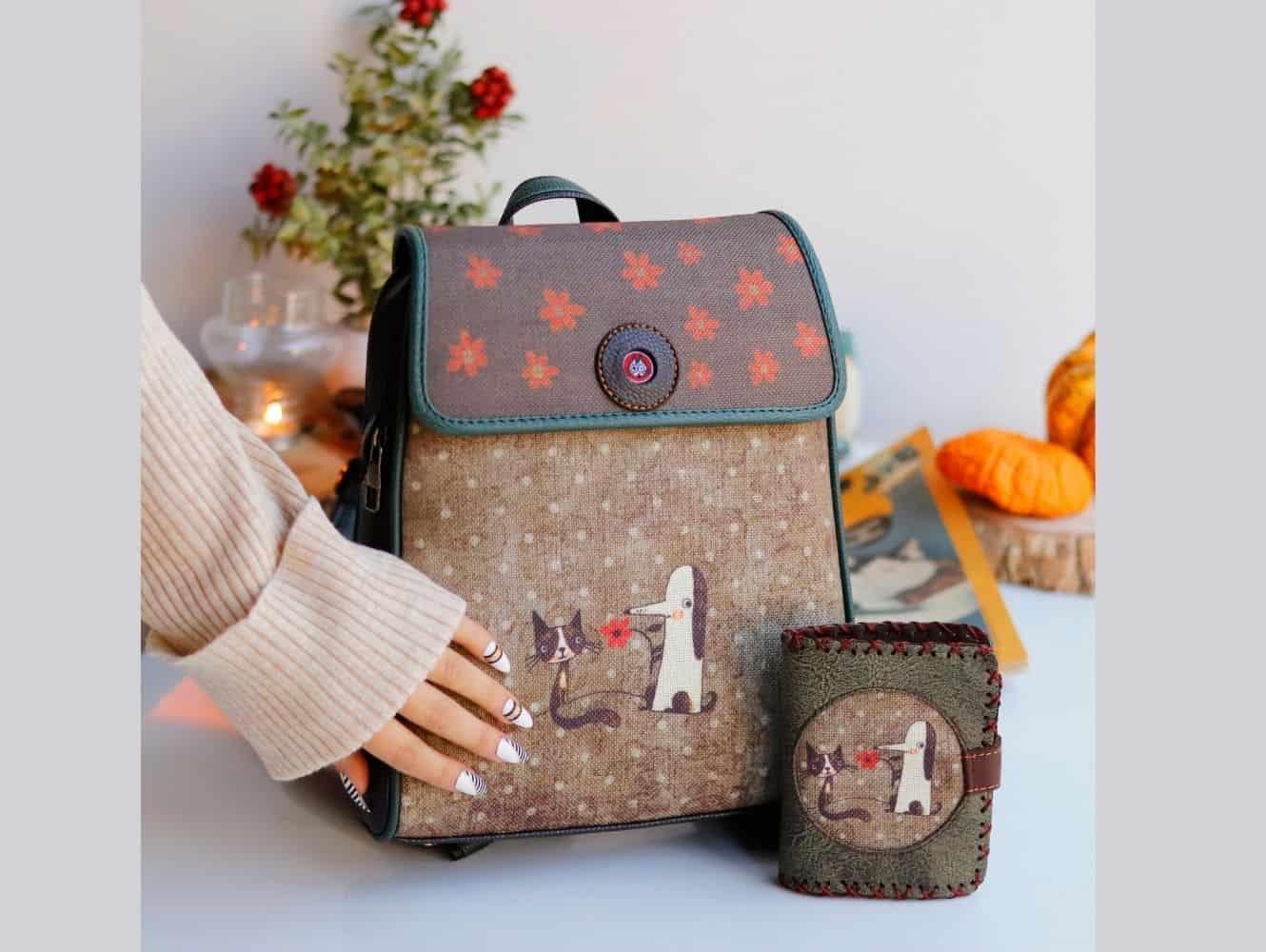 Tilki Figürlü Kapaklı Sırt Çantası Siyah, Cüzdan Yesil Etnik Bohem Style Kombin