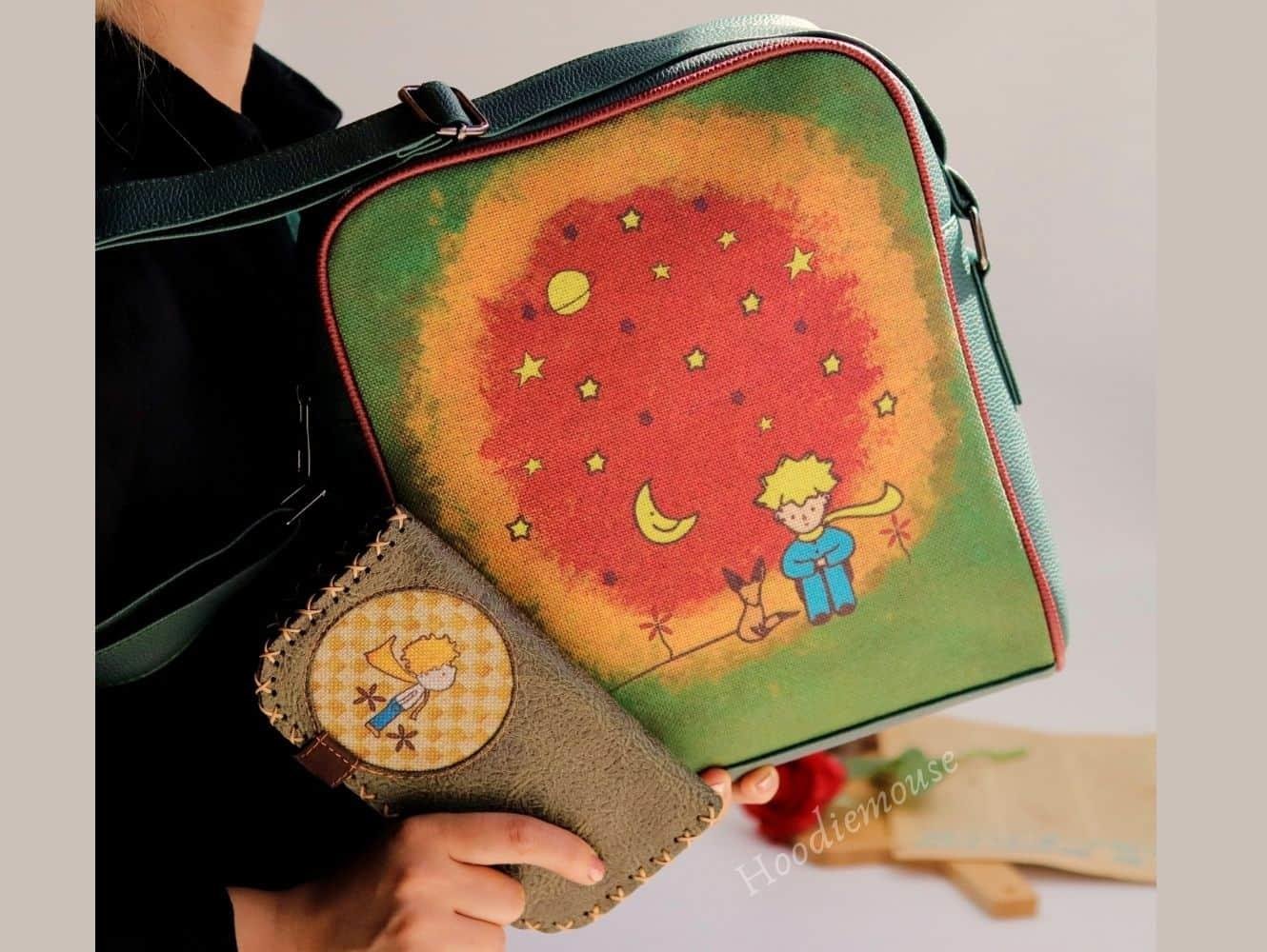 Küçük Prens Figürlü Büyük Postacı Kol Çantası Etnik Bohem Style Çanta Siyah, Cüzdan Yesil KOMBİN