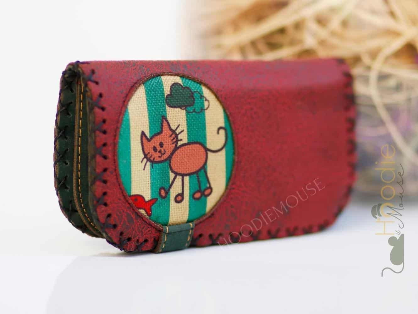 Kedi Balık Figürlü Büyük Cüzdan Etnik Bohem Retro Vintage Style - BORDO