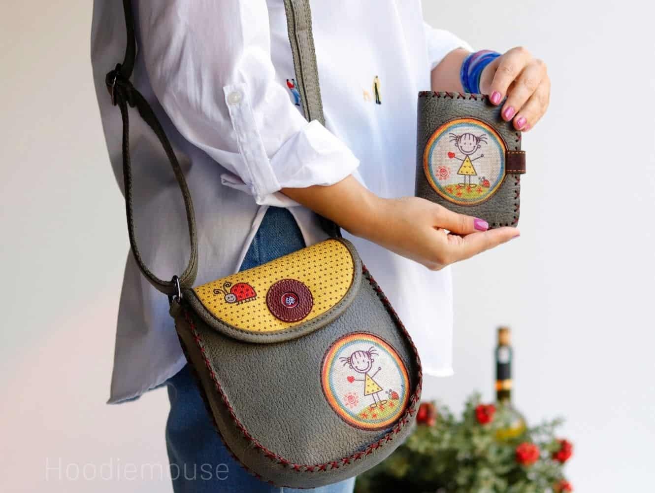 Cin Ayse Figür Tasarımlı Capraz Örgulu Kol Cantası Yesil ve Cuzdan Yesil Kombin