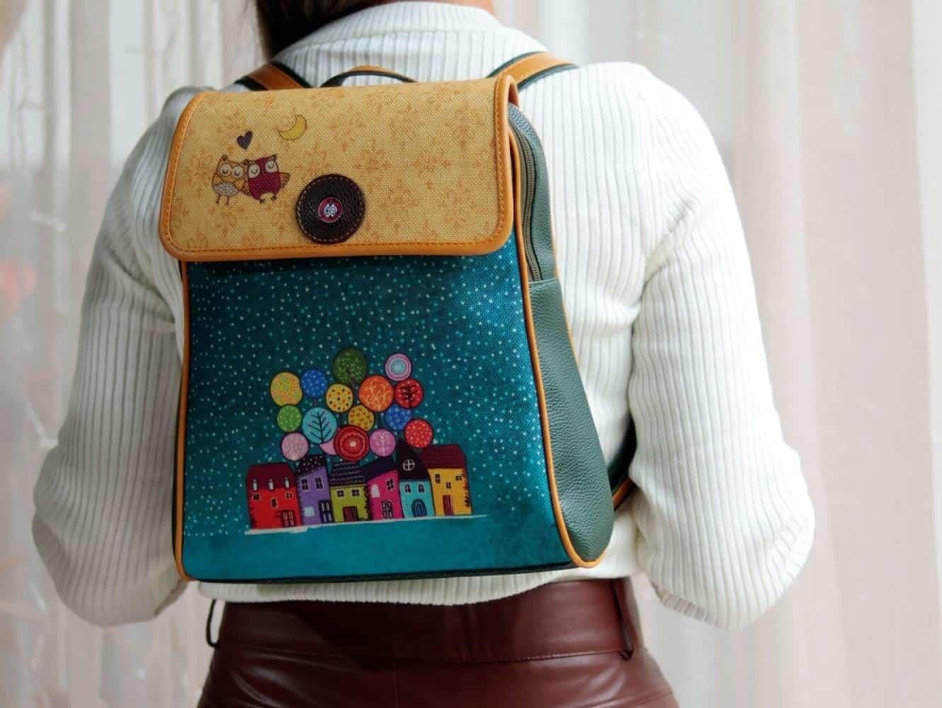 Baykuş Figürlü Kapaklı Sırt Çantası Etnik Bohem Style - YESİL