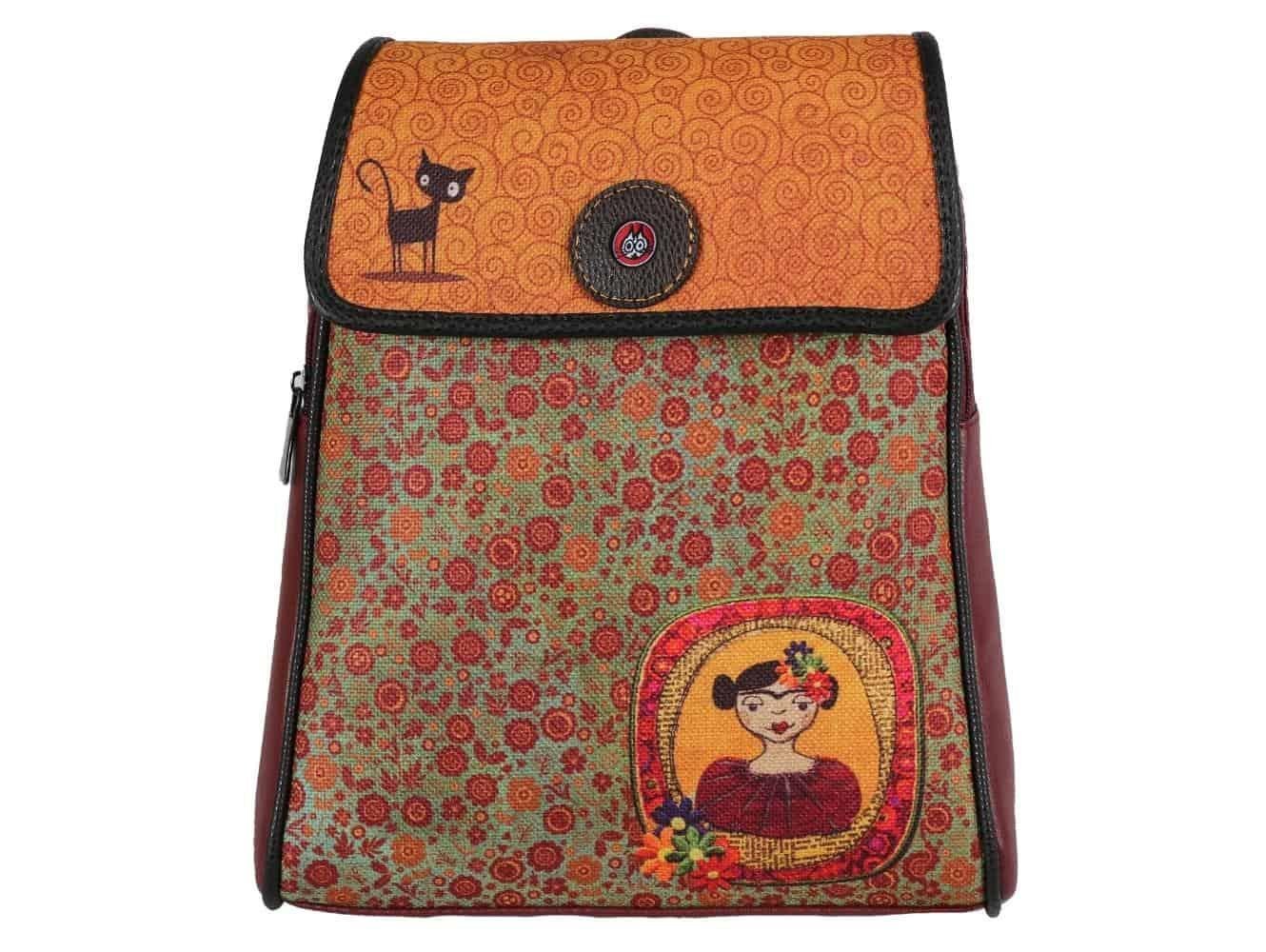 Frida Figürlü Kapaklı Sırt Çantası Etnik Bohem Style - BORDO
