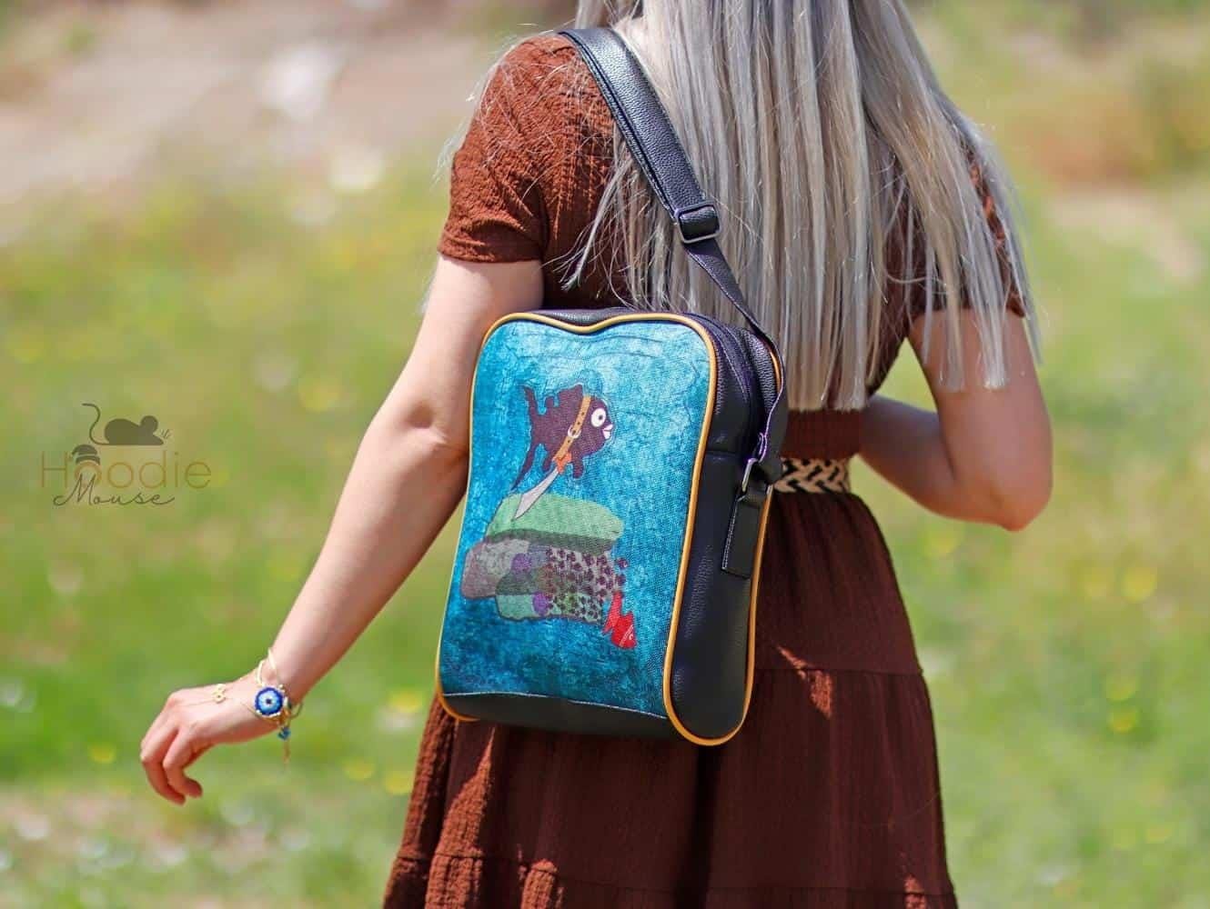 Küçük Kara Balık Figürlü Büyük Postacı Kol Çantası Etnik Bohem Style - Siyah