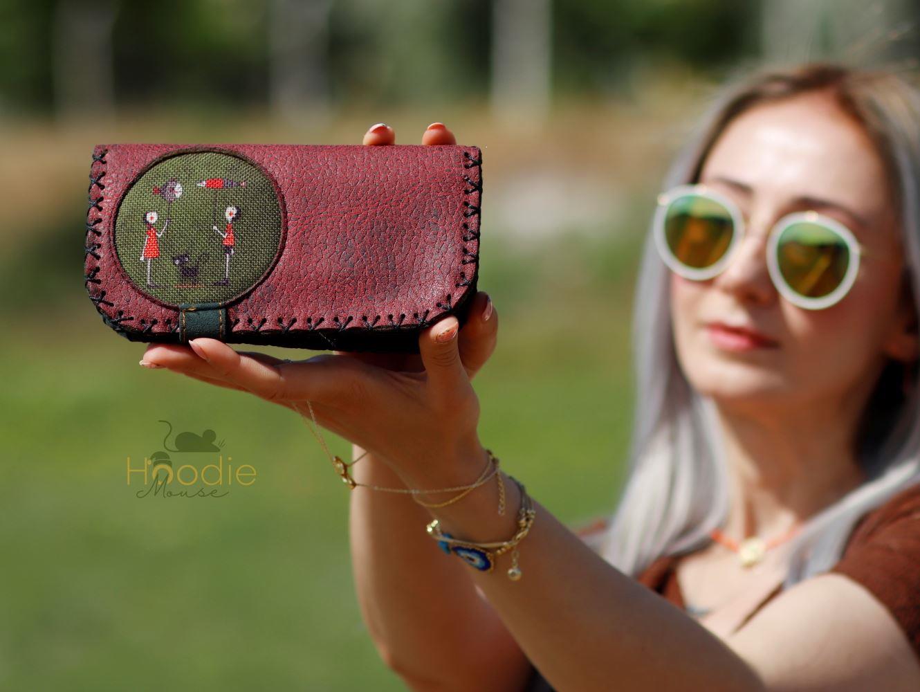 Balon Tutan Kız Figürlü Büyük Cüzdan Etnik Bohem Retro Vintage Style - BORDO