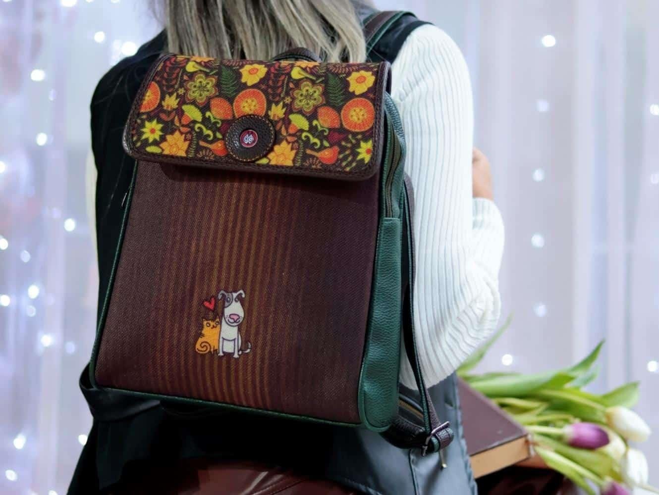 Köpek ve Kedi Figürlü Kapaklı Sırt Çantası Etnik Bohem Style - YESİL