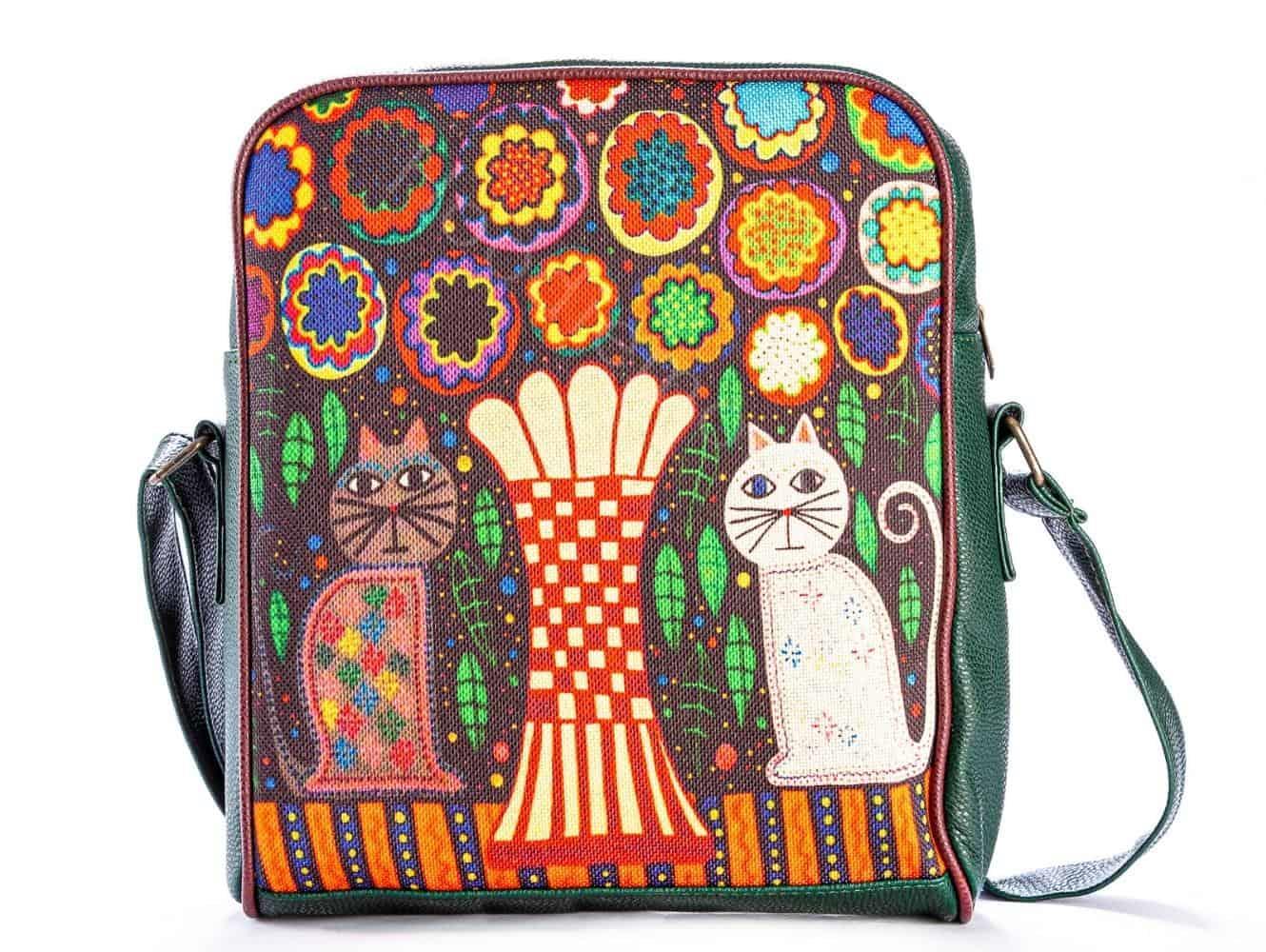 Vazo ve Kedi Figürlü Büyük Postacı Kol Çantası Etnik Bohem Style - Yesil