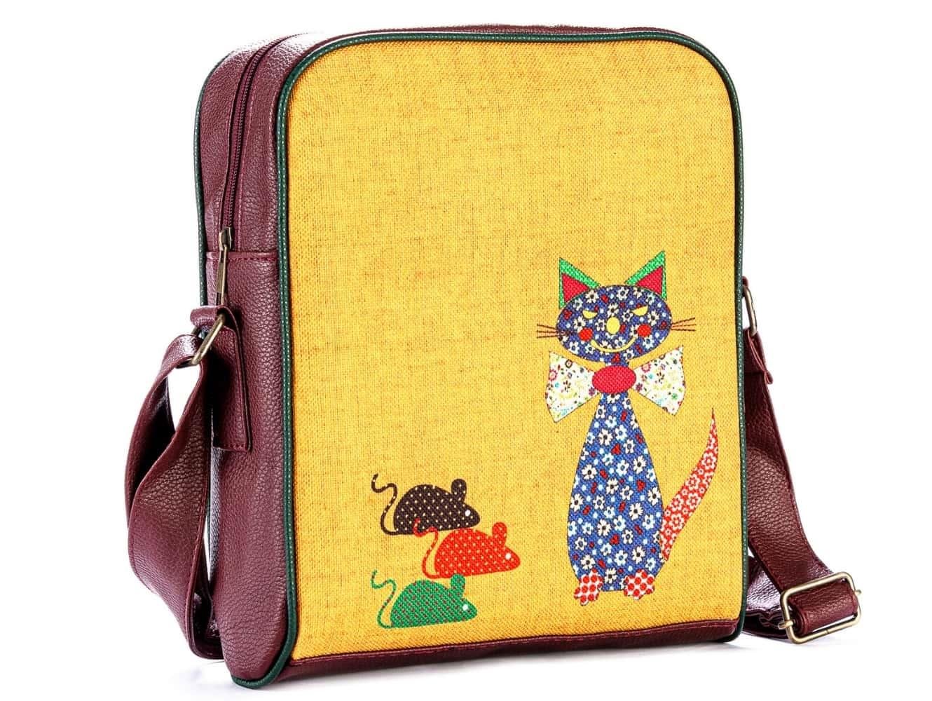 Fare Kedi Figürlü Büyük Postacı Kol Çantası Etnik Bohem Style - Bordo