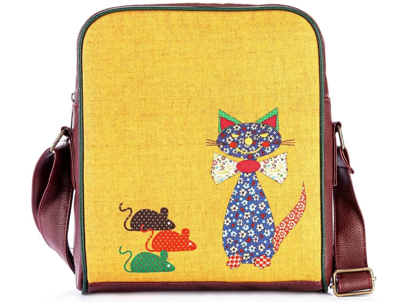 Fare Kedi Figürlü Büyük Postacı Kol Çantası Etnik Bohem Style - Bordo