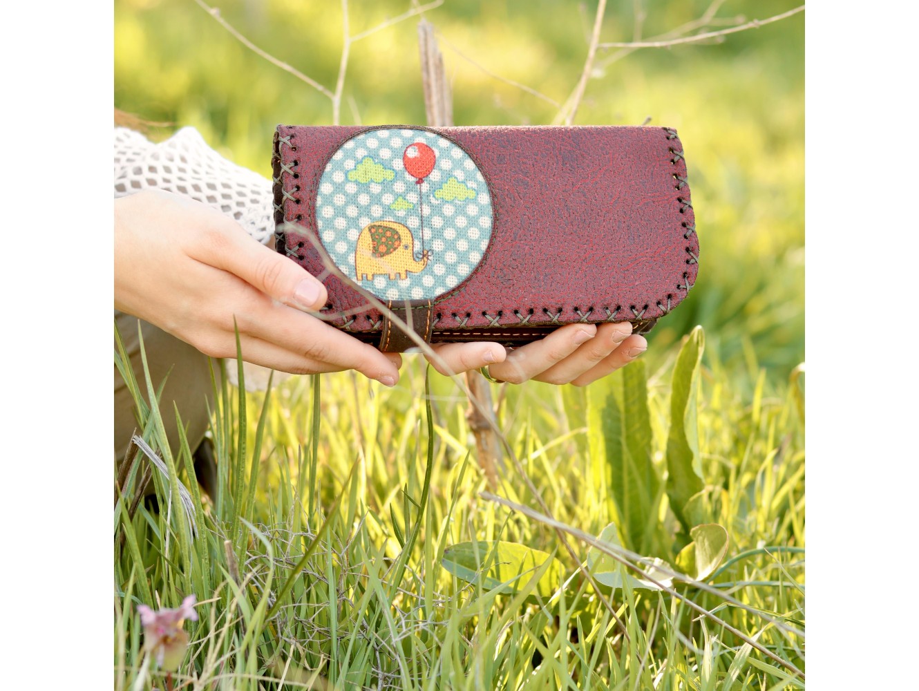 Fil Figürlü Büyük Cüzdan Etnik Bohem Retro Vintage Style  - BORDO