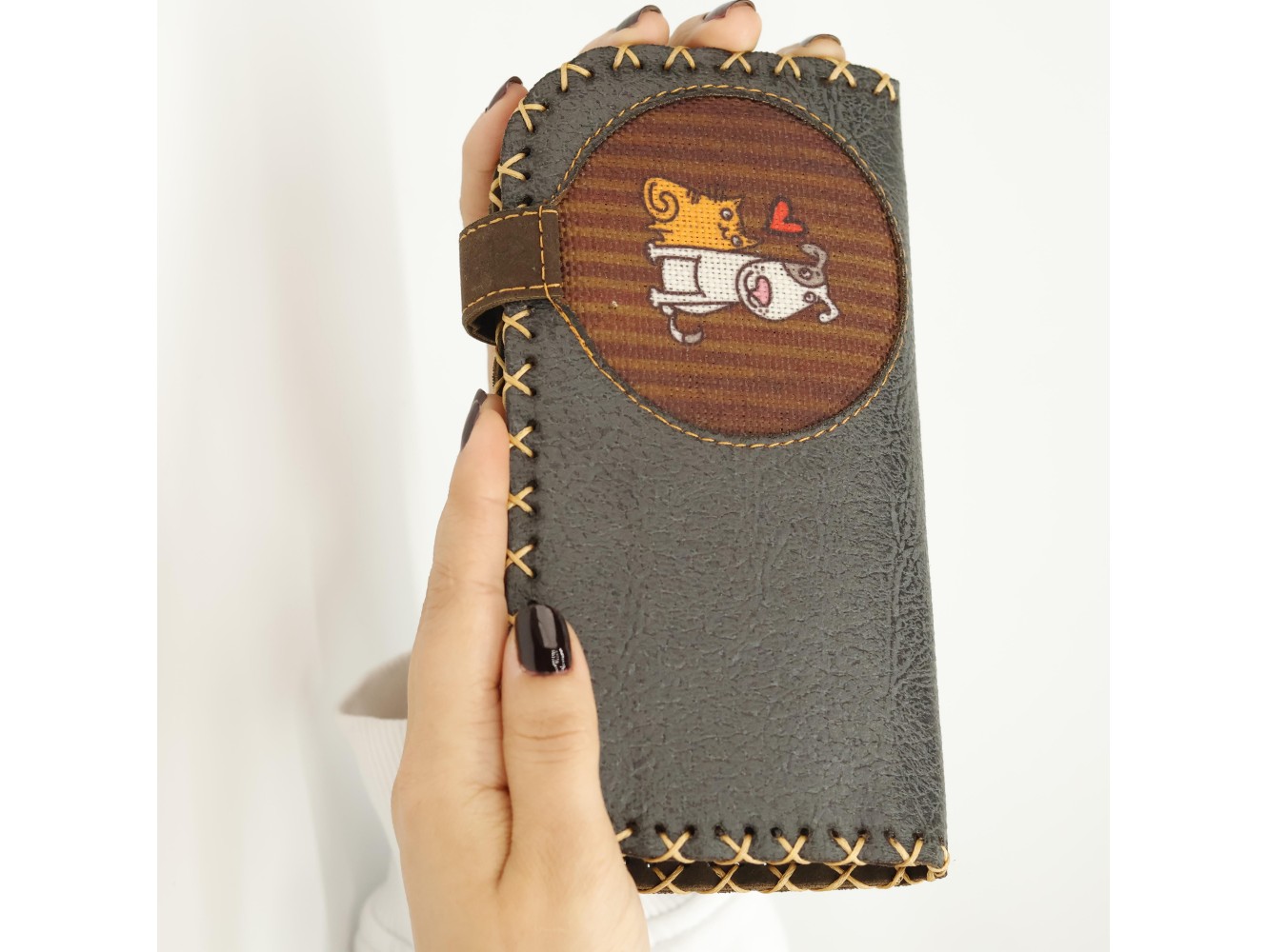 Kedi ve Köpek Figürlü Büyük Cüzdan Etnik Bohem Retro Vintage Style  - ANTRASİT