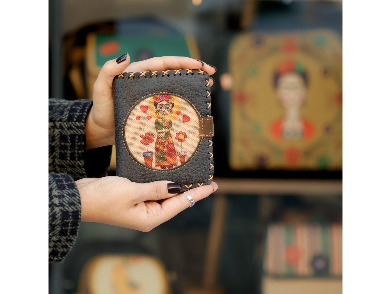 Mexican F. Kahlo Figürlü Küçük Cüzdan Etnik Bohem Retro Style - Antrasit